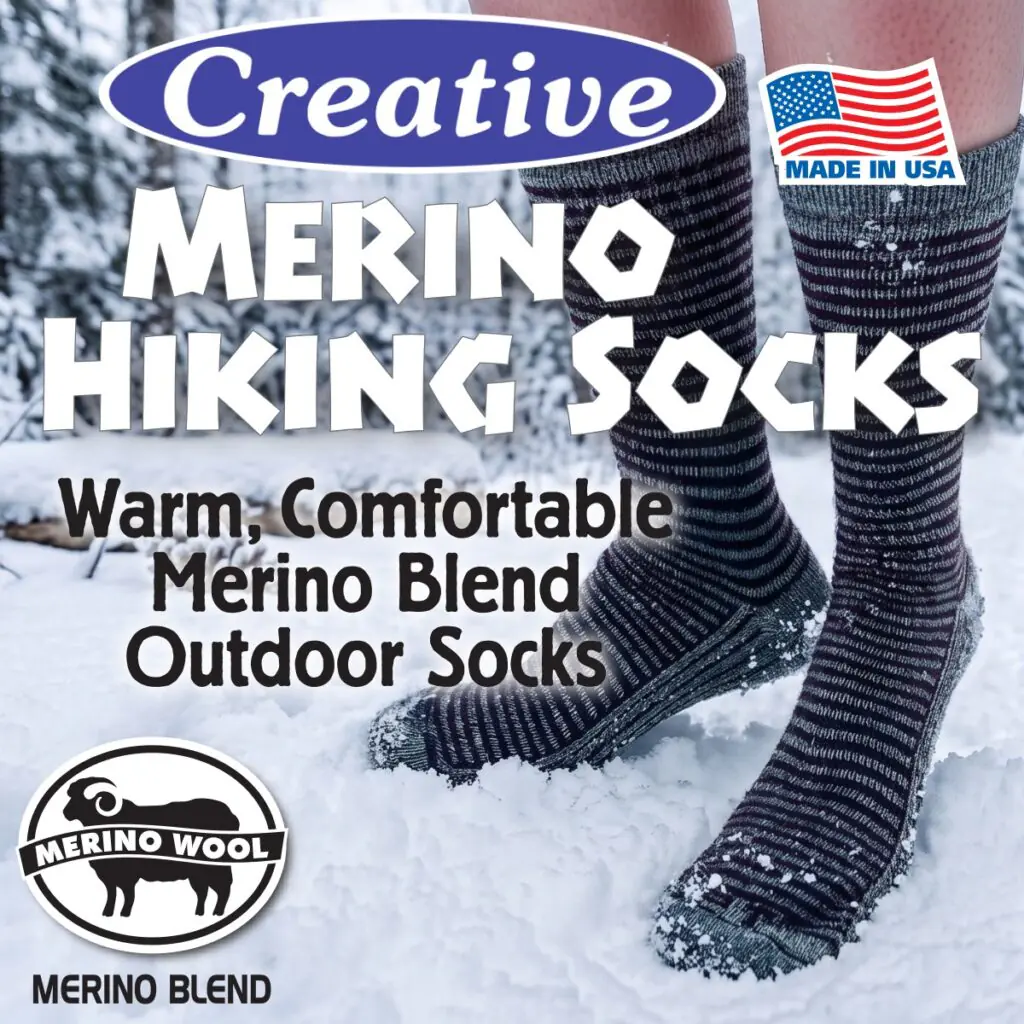 Creative Care Merino Hiking Socks with geometric pattern accents worn in a snowy winter trail scene